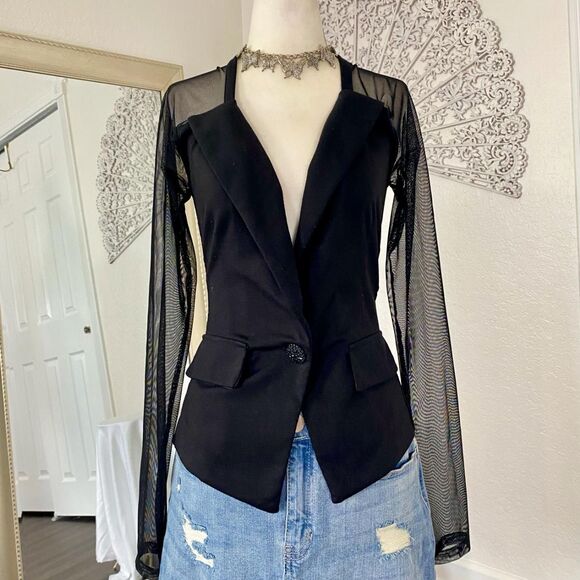 Wet Seal Vintage Office Siren Black Semi Sheer Mesh Rhinestone Button Blazer S - Picture 2 of 7